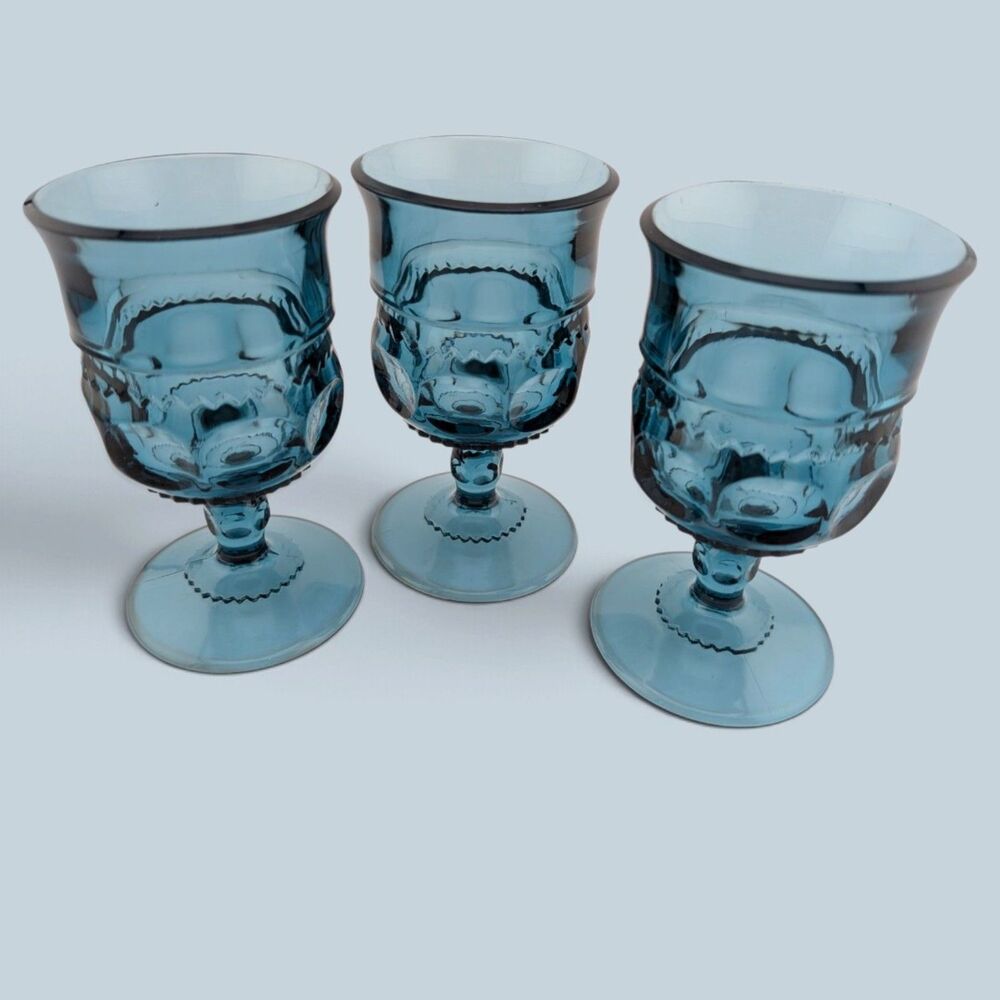 Vintage Kings Crown Thumbprint Blue 2 Oz Cordial Wine Glasses Set of 3